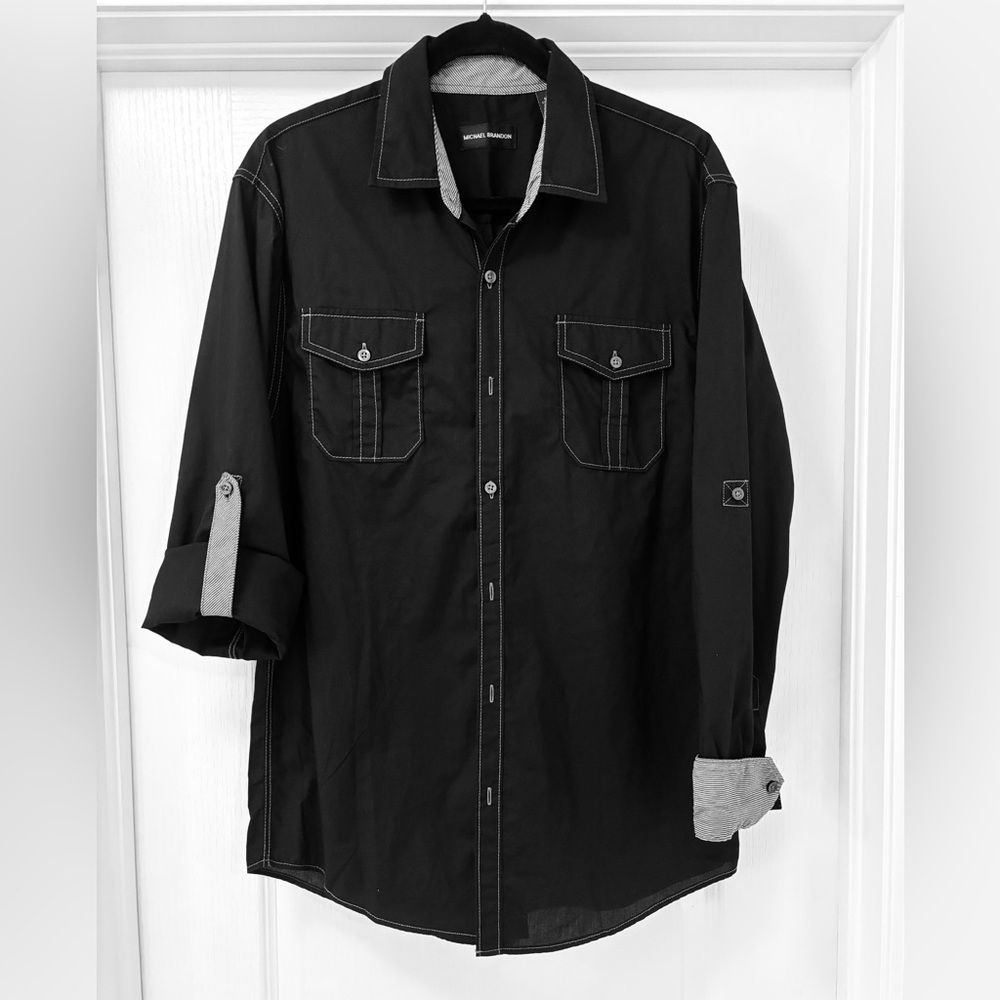 Michael Brandon Black and Gray Striped Shirt